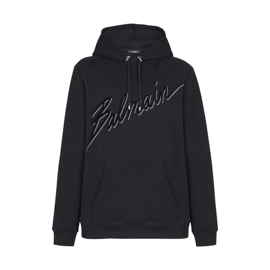 Balmain Flocked Balmain Letter Pullover Hoodie Black