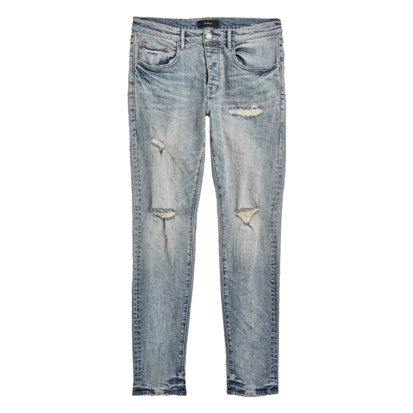 Purple Brand P001 Worn Slashed Paint Jeans Light Indigo