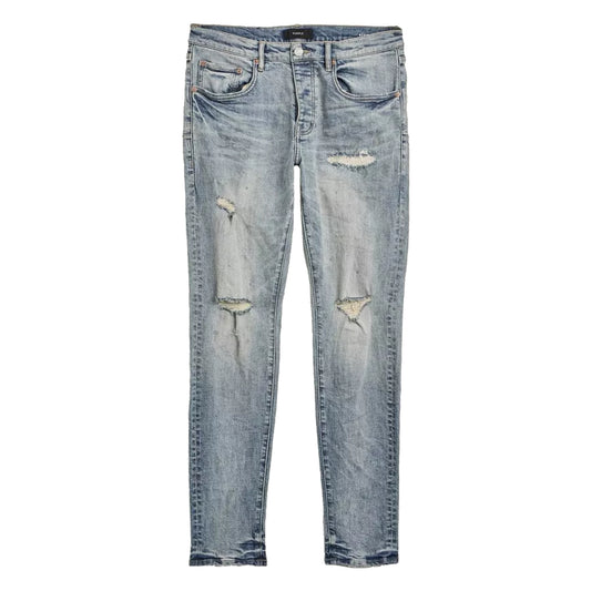 Purple Brand P001 Worn Slashed Paint Jeans Light Indigo