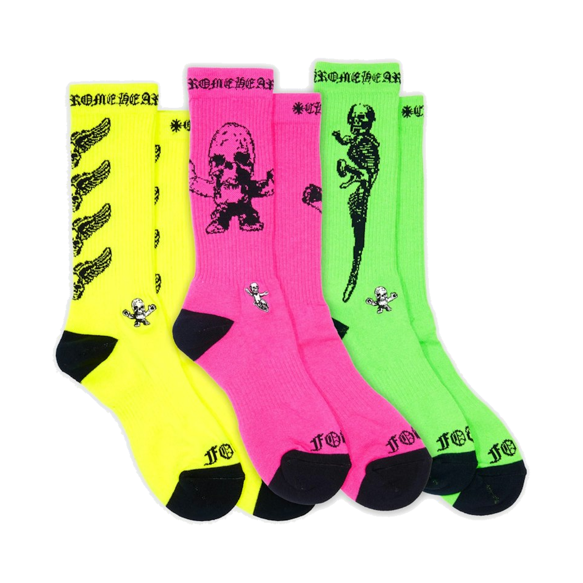 Chrome Hearts Foti Socks (3 Pack) Neon Pink/Yellow/Green