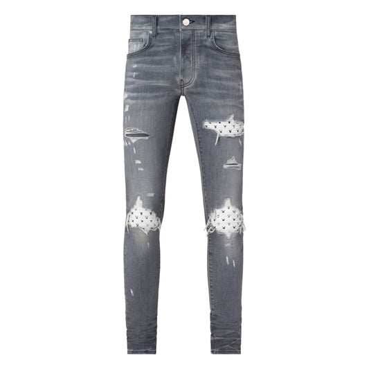 Amiri MX1 Playboy White Leather Patch Jeans Grey