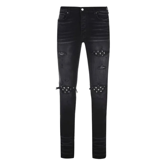 Amiri MX1 Playboy Black Leather Patch Jeans Black