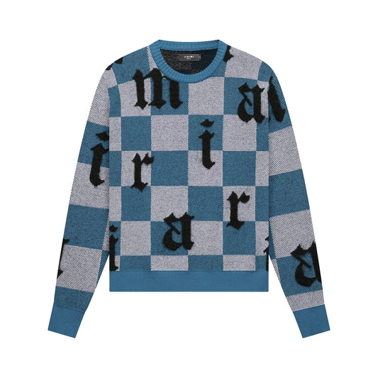 Amiri Logo Check Cashmere Crewneck Sweater Blue/Multicolor