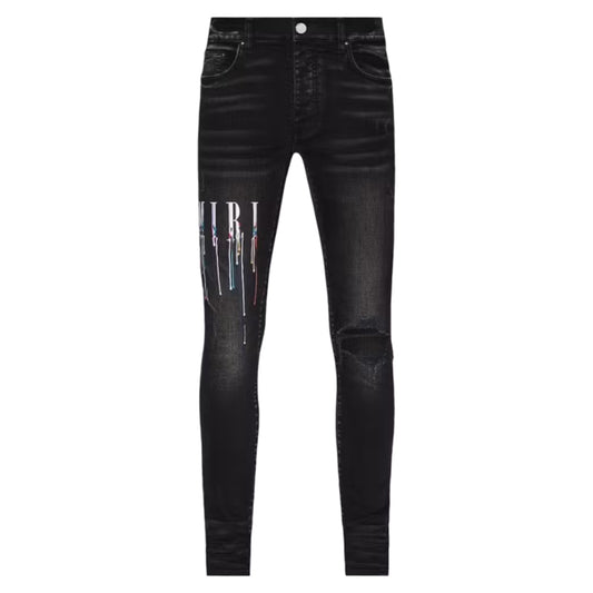 Amiri Paint Splatter Drip Logo Jeans Washed Black