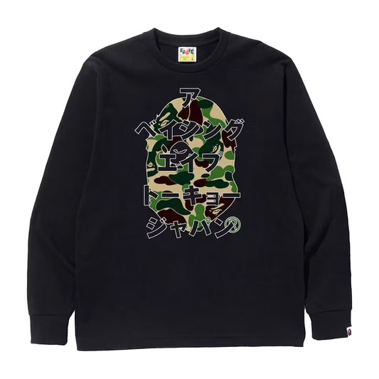 Bape ABC Green Camo Japanese Letters Long Sleeve T-Shirt Black