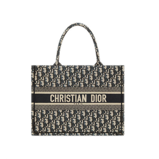 Dior Book Tote Bag Ecru & Blue Dior Oblique Embroidery