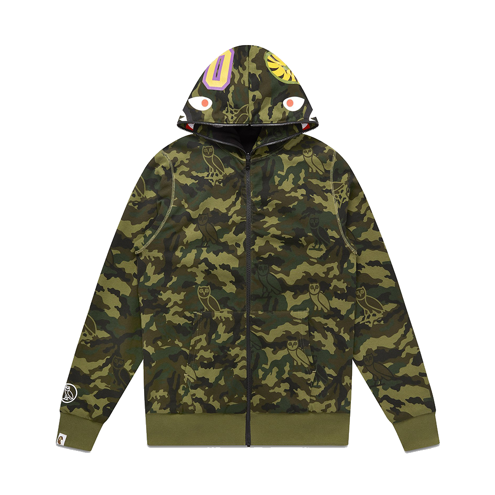 OVO x BAPE Camo Shark Reversible Full-Zip Hoodie Black